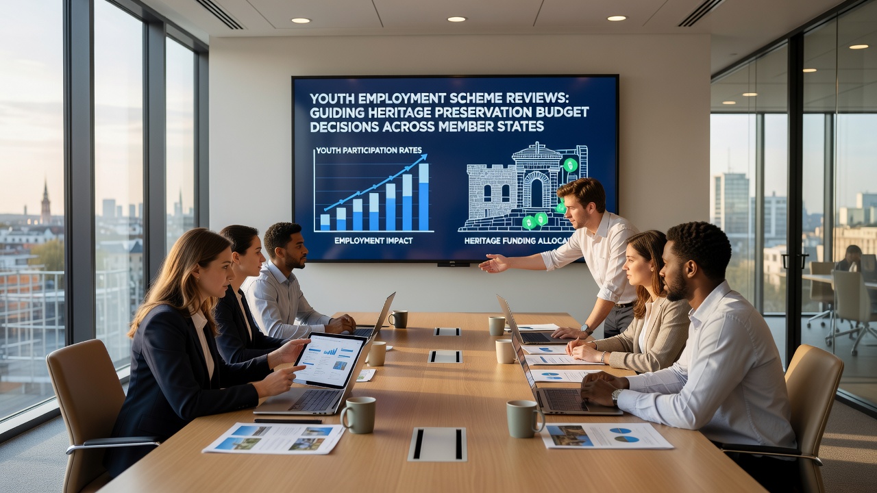 Budget review meeting where officials examine charts linking youth employment data to heritage site funding allocations